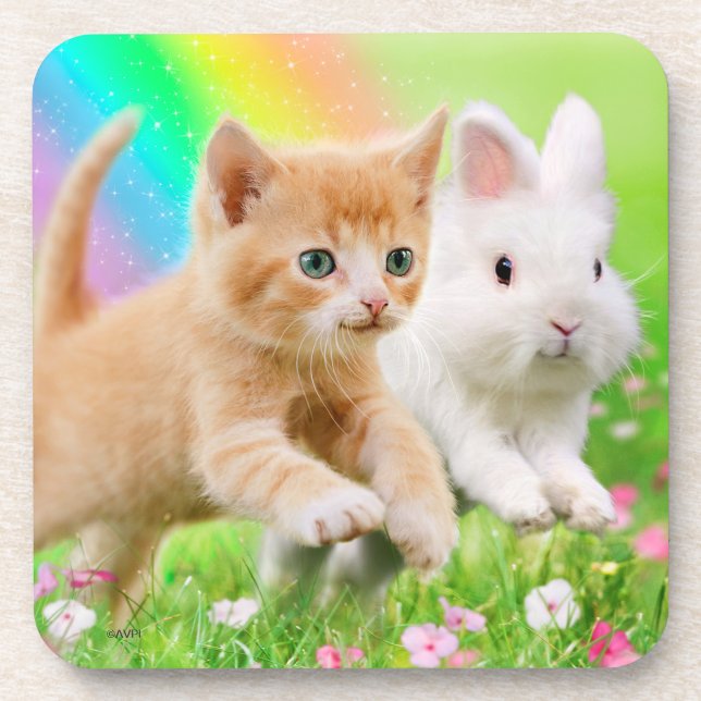 Dessous-de-verre Chaton et lapin avec l'arc-en-ciel (Devant)
