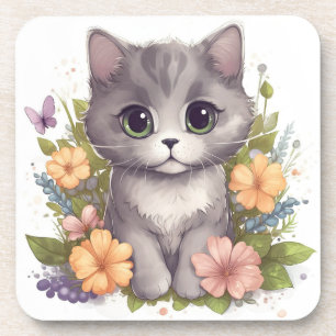 Dessous-de-verre Chaton gris doux avec fleurs Kawaii Chibi