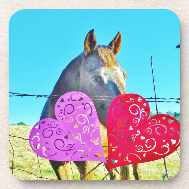 Dessous-de-verre Cheval blanc et Brown Valentine Coeurs (Devant)