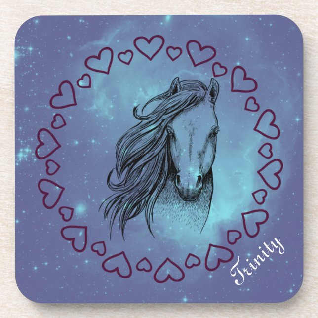 Dessous-de-verre Cheval et Coeurs Galaxy avec nom facultatif (Devant)
