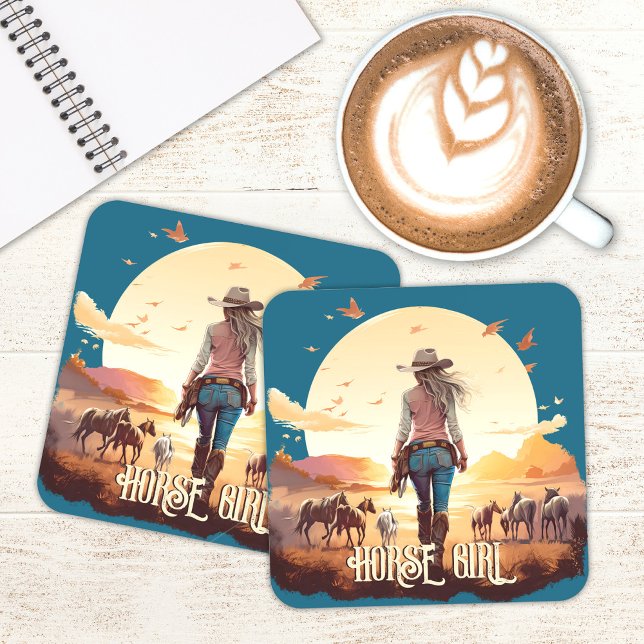 Dessous-de-verre Cheval fille Cowgirl cheval amoureux du désert cou (Horse girl, horse lover coasters with horses and desert sunset)