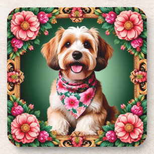 Dessous-de-verre Chien adorable encadré de fleurs colorées