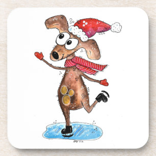 Dessous-de-verre Chien de Noël fantaisiste sur des patins à glace