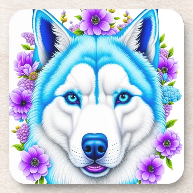 Dessous-de-verre Chien Husky avec yeux et fleurs bleus (Devant)