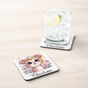 Dessous-de-verre Chien Kawaii avec des fleurs de printemps et des c
