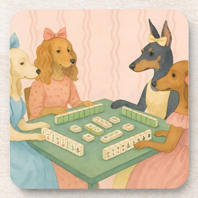 Dessous-de-verre Chiens mignons vintage jouant au Mahjong (Devant)