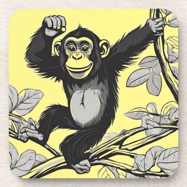 Dessous-de-verre Chimpanzé mignon sur la branche accueille (Devant)