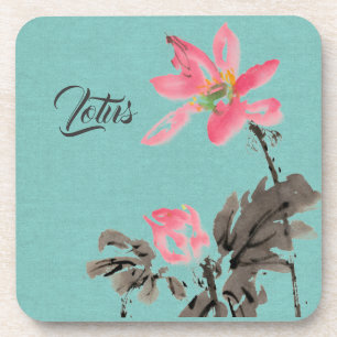 Dessous-de-verre Chinoiserie Aquarelle main libre Floral Lotus Gree