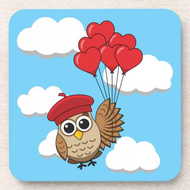 Dessous-de-verre Chouette mignonne volant avec des ballons de coeur (Devant)