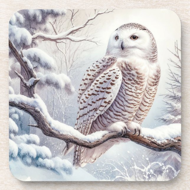 Dessous-de-verre Chouette neige aquarelle (Devant)