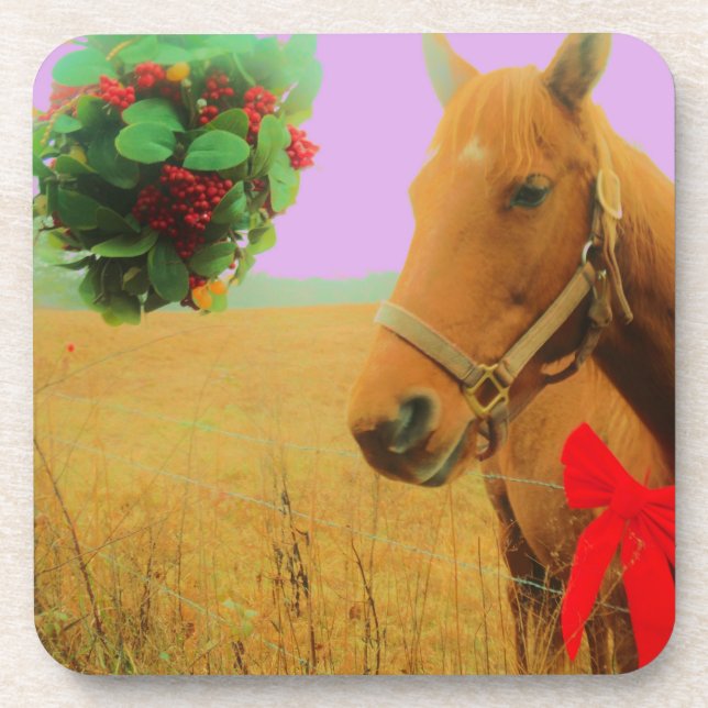 Dessous-de-verre Ciel rose rétro Cheval de Noël (Devant)