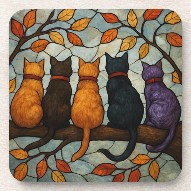 Dessous-de-verre Cinq chats sur une branche d'arbre de style vitrai (Devant)