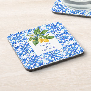 Dessous-de-verre Citrons méditerranéens personnalisés bleu mariage