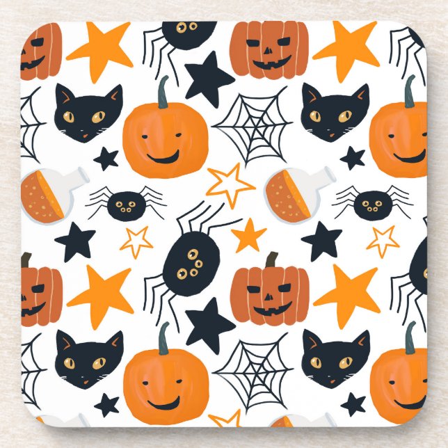 Dessous-de-verre Citrouille mignon d'Halloween, Araignée, Chat noir (Devant)