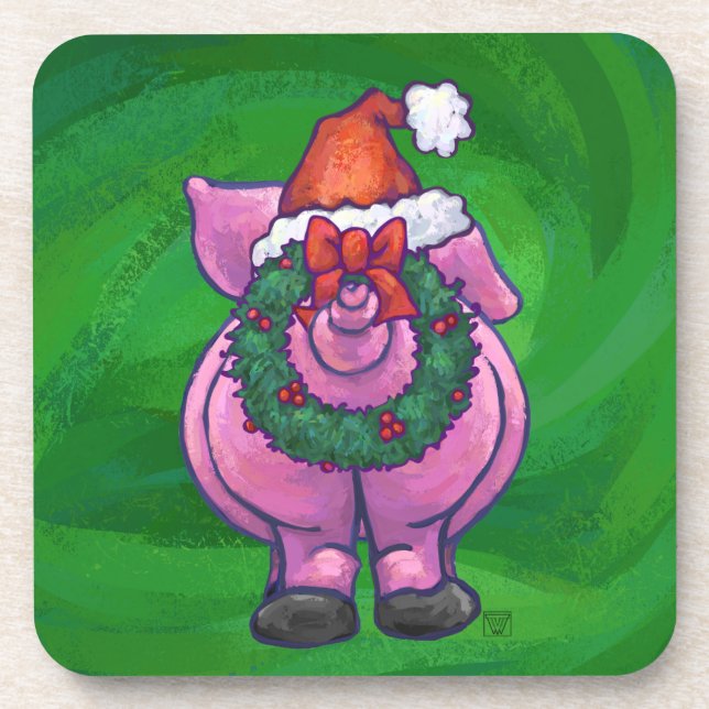 Dessous-de-verre Cochon de Fête à Santa Hat sur Vert (Devant)