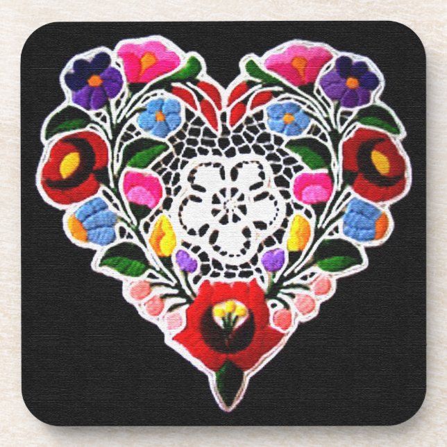 Dessous-de-verre Coeur de broderie hongrois sur noir (Devant)
