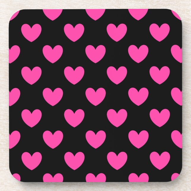 Dessous-de-verre Coeurs de polka rose Fuchsia sur noir (Devant)