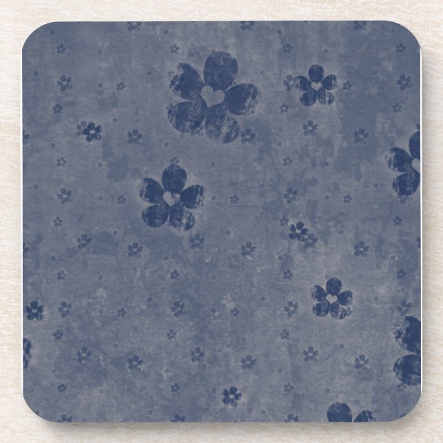 Dessous-de-verre Coeurs et fleurs grungy en bleu (Devant)