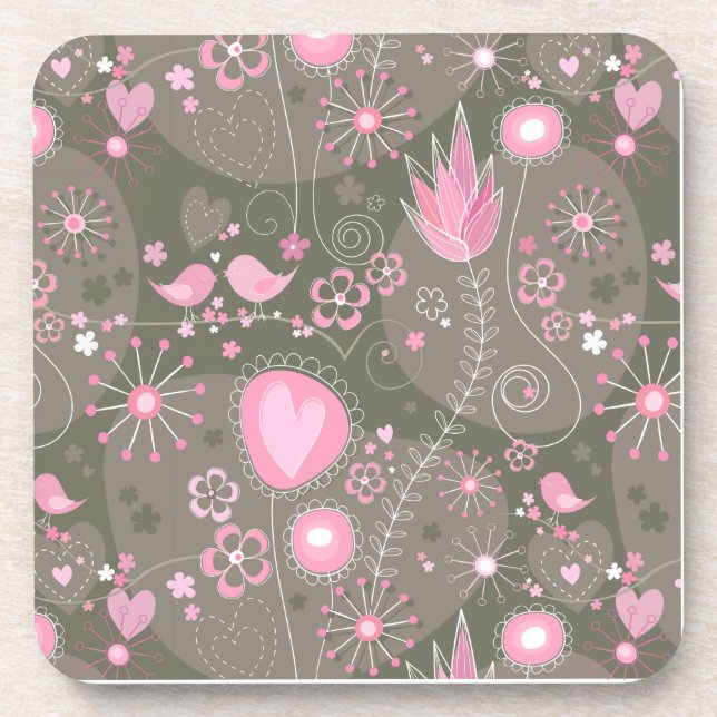 Dessous-de-verre Coeurs Whimsical rose et gris, oiseaux et fleurs (Devant)