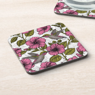 Dessous-de-verre Colibris et fleurs d'hibiscus roses