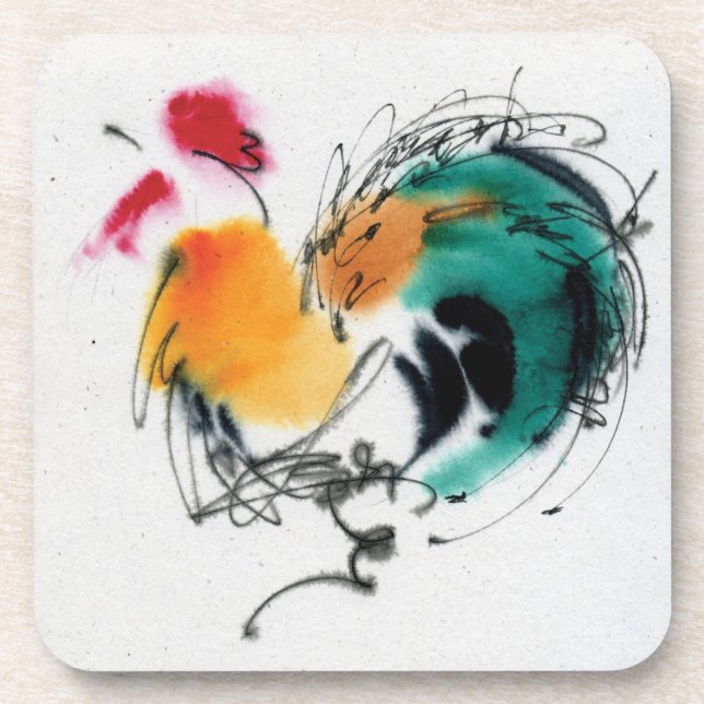 Dessous-de-verre Coq coloré. Calligraphie et watercolor. (Devant)