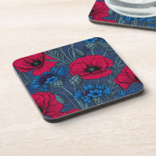 Dessous-de-verre Coquelicots rouges et fleurs bleues sur bleu