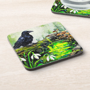 Dessous-de-verre Corbeau noir et ruisseau de forêt lumineuse, peint