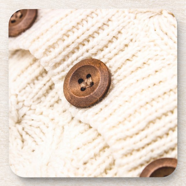Dessous-de-verre Cosy câble tricot pull bois bouton crème brune (Devant)