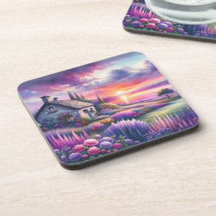 Dessous-de-verre Cottage au coucher de soleil pastel Jardin au bord