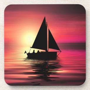 Dessous-de-verre Coucher de soleil, Bateau à voile dans la mer-3918