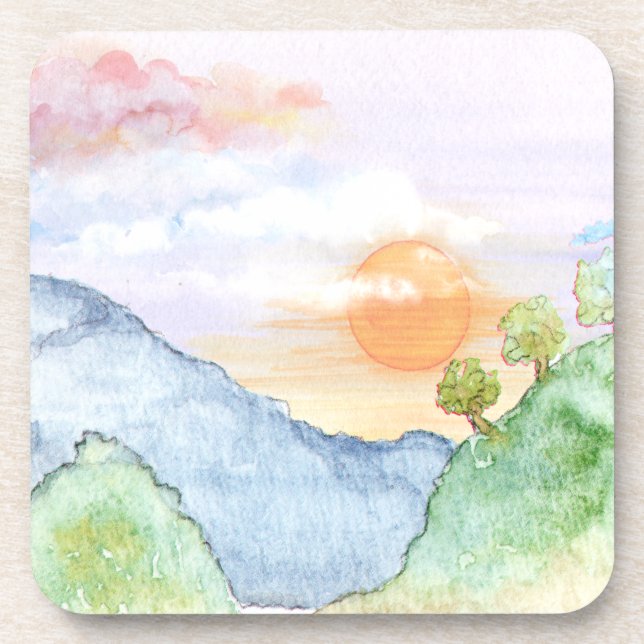 Dessous-de-verre Coucher de soleil sur les montagnes et les arbres (Devant)