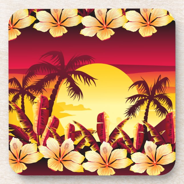 Dessous-de-verre Coucher de soleil tropical avec palmiers (Devant)