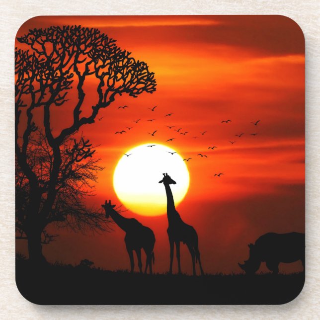 Dessous-de-verre Coucher du soleil orange en silhouette de girafe (Devant)