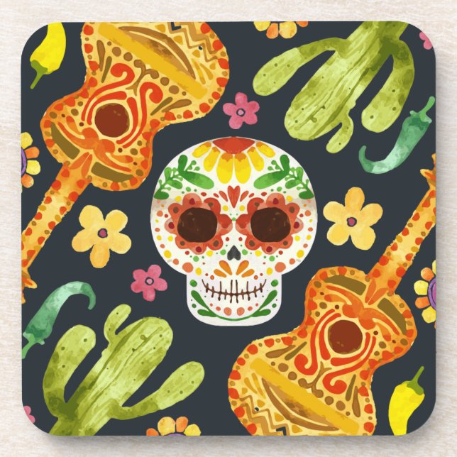 Dessous-de-verre Crâne à sucre et guitares Dia de Muertos | Dessous (Devant)