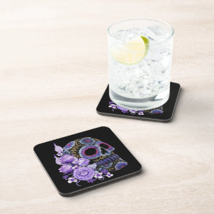 Dessous-de-verre Crâne de sucre noir violet Floral Jour des morts
