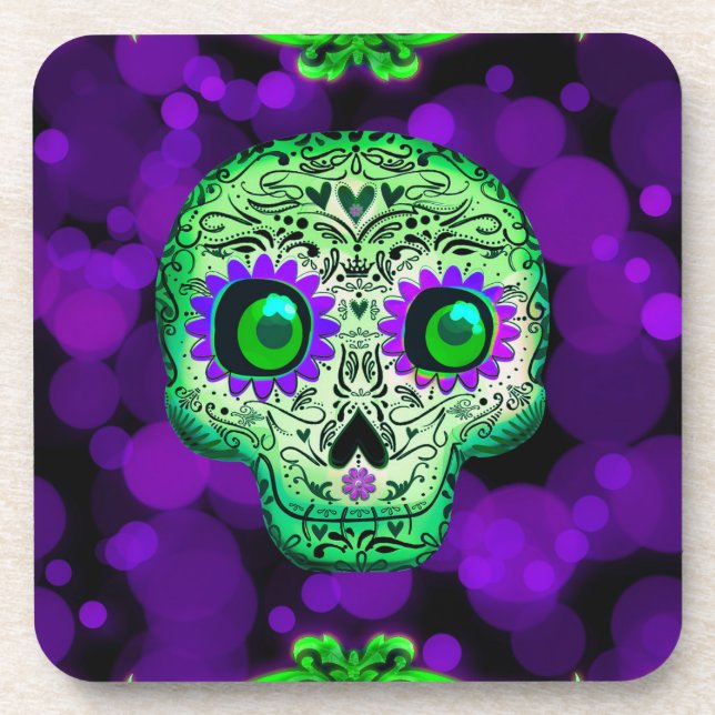 Dessous-de-verre Crâne de sucre vert et violet brillant Halloween (Devant)