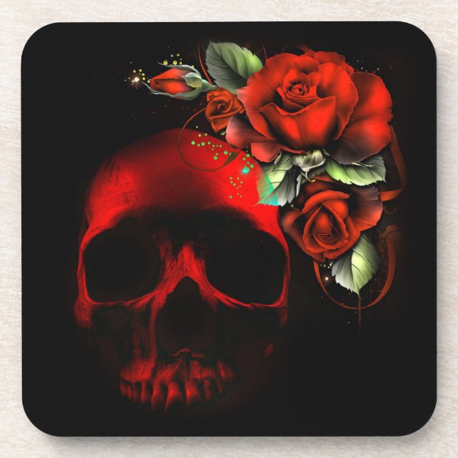 Dessous-de-verre Crâne et roses rouges (Devant)