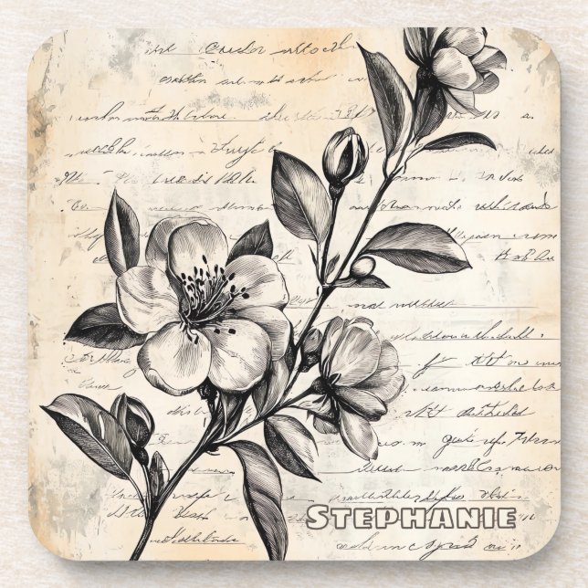 Dessous-de-verre Croquis floral rustique avec calligraphie - âge (2 (Devant)