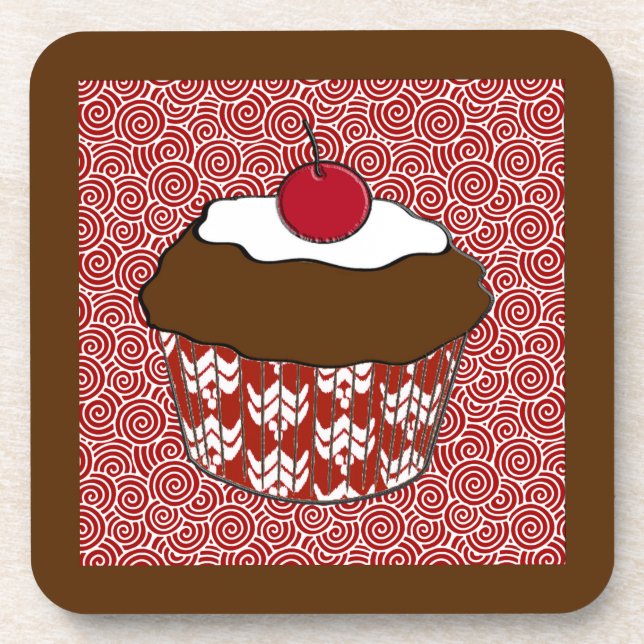 Dessous-de-verre Cupcake au chocolat sur Motif rouge et blanc (Devant)