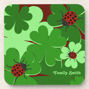 Dessous-de-verre Cute Green Red Ladybug Clover Feuilles Nom de fami