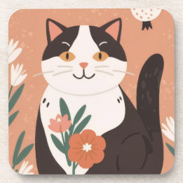 Dessous-de-verre Cute Happy Cat with Spring Flowers 