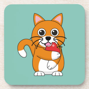 Dessous-de-verre Cute Orange Blanc Chat Manger Rouge Pomme Carton