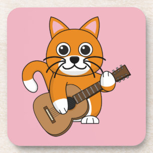 Dessous-de-verre Cute Orange Chat Blanc Jouer Caricature Guitare