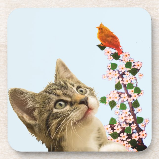 Dessous-de-verre Cute Tabby Chat & Petit Oiseau sur Bleu clair (Devant)
