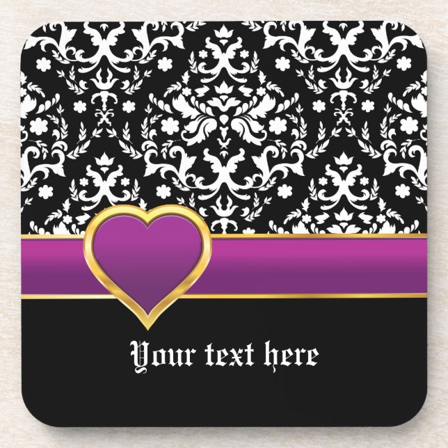 Dessous-de-verre Damas noir blanc avec bande violette et coeur (Devant)
