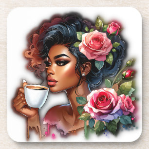Dessous-de-verre Dame Aux Roses Roses Roses Roses Appréciant Le Caf