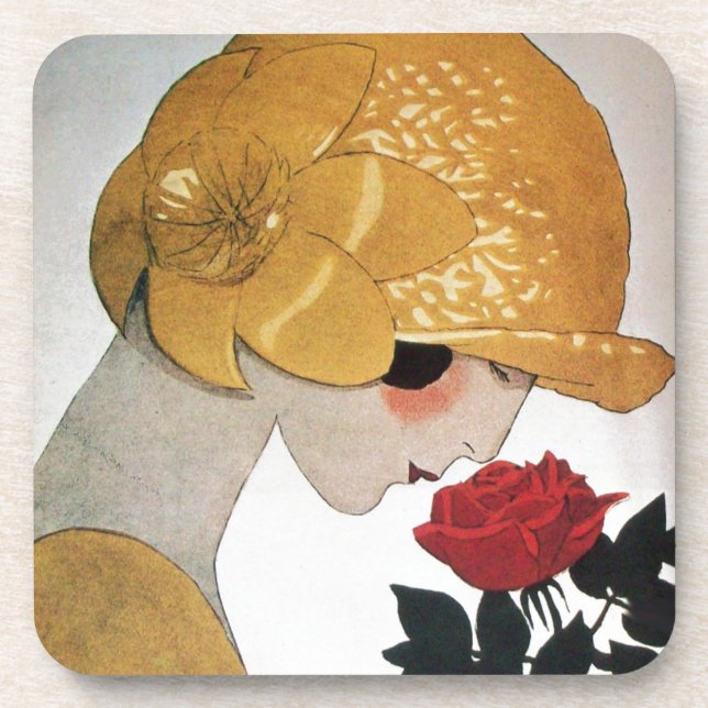 DESSOUS-DE-VERRE DAME AVEC ROSE ROUGE (Devant)