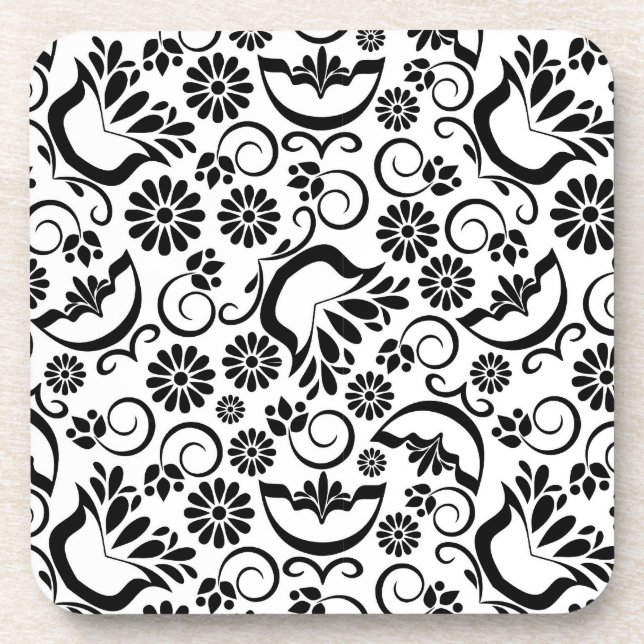 dessous de verre de liège à fleurs noir et blanc (Devant)