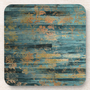 Dessous-de-verre Découpage en bois bleu et floral or