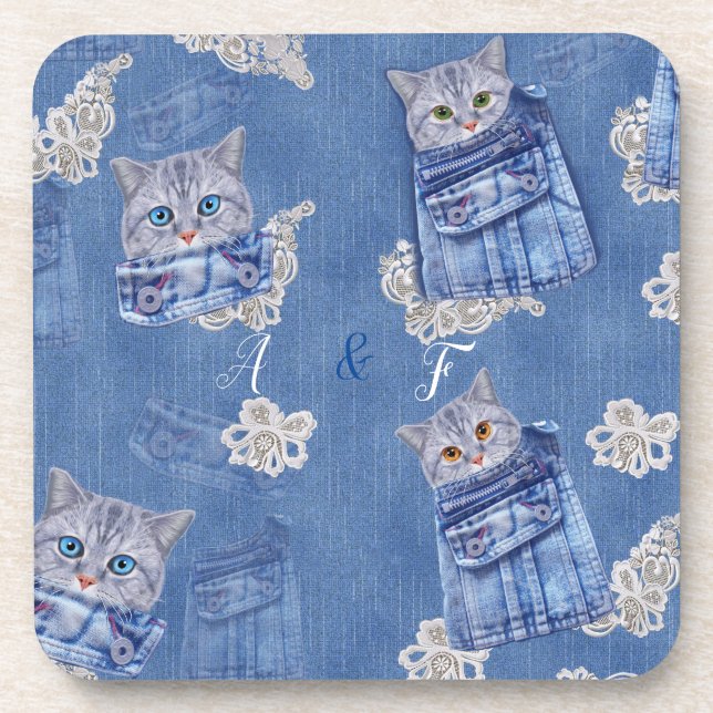Dessous-de-verre Denim Jean poches, chatons et dentelle (Devant)